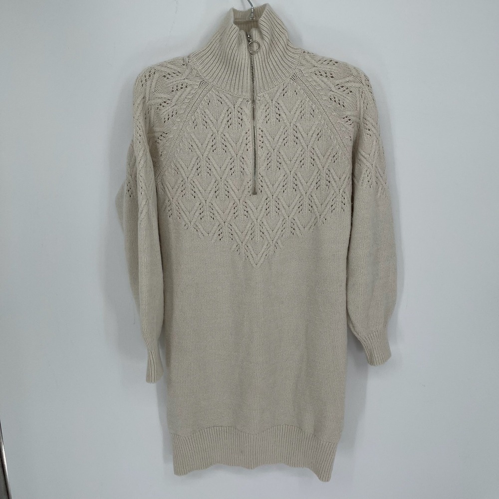 AUW Women's Cream Pointelle Knit Quarter Zip Raglan Sleeve Tunic Sweater Size L